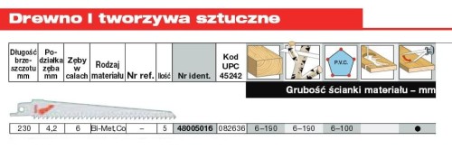 MILWAUKEE BRZESZCZOT DO PIŁY SZABLASTEJ 230mm BIMETAL 5szt. DREWNO / PCV. >>> 48475016