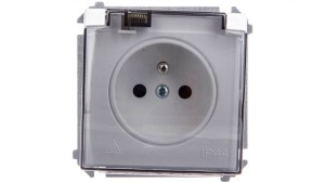 Simon Basic Gniazdo bryzgoszczelne z/u IP44 z przesłoną torów i klapką dymną białe BMGZ1Bz.01/11a