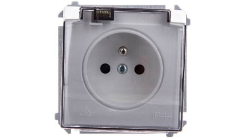Simon Basic Gniazdo bryzgoszczelne z/u IP44 z przesłoną torów i klapką dymną białe BMGZ1Bz.01/11a