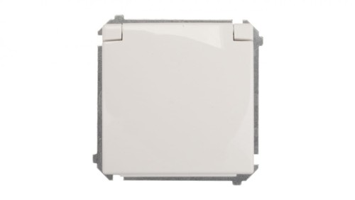 Simon Basic Gniazdo bryzgoszczelne z/u IP44 z przesłoną torów i klapką białe BMGZ1Bz.01/11