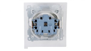 Simon 54 Gniazdo bryzgoszczelne z/u IP44 z przesłoną torów i klapką pełną białe DGZ1BZ.01/11
