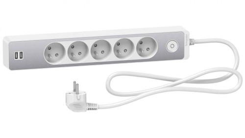 Odace Przedłużacz 5 gniazdowy z łącznikiem 2x USB, 1,5m biały+szczotkowane aluminium ST935U1WA
