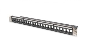 Panel krosowy modularny 19 24x keystone,ekranowany,1U,czarny,prowadnica kabli,wymienne pola opisowe DN-91411-LF