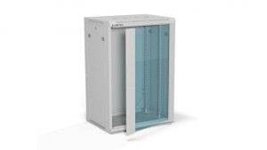 Szafa rack wisząca 19 cali 18U 600x450, drzwi szklane, tył i osłony boczne demontowalne, FLAT PACK kolor szary ALANTEC