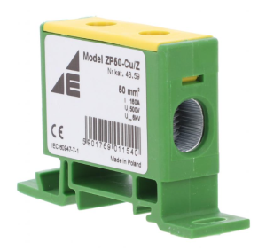 Blok rozdzielczy-odgałęźny 1-polowy CU 16-50mm2 żółto-zielony montaż płaski i na szynę TH ZP50 Cu / z 48.59