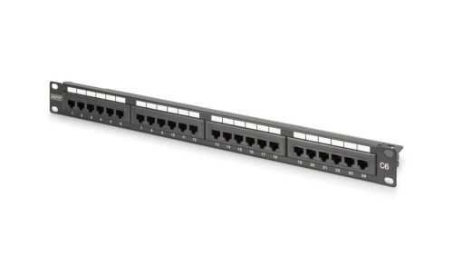Panel krosowy 19 24x RJ45, LSA pion, kat.6, nieekranowany, 1U,czarny,prowadnica kabli,pola opisowe DN-91624U-CR