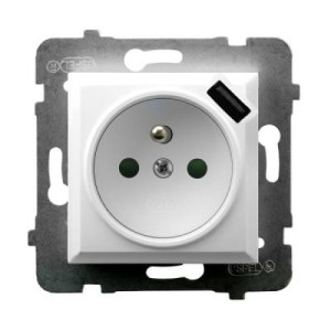Aria biały p/t gniazdo pojedyncze z uziemieniem 2P+Z z przesł. + ładowarka USB bez ramki