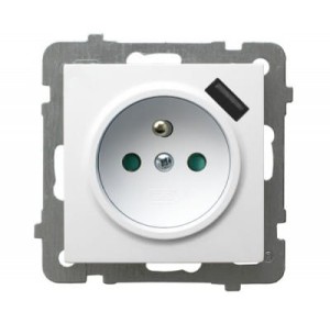 As biały p/t gniazdo pojedyncze z uziemieniem 2P+Z z przesł. + ładowarka USB bez ramki