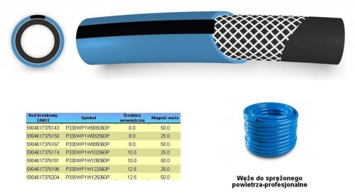 WĄŻ DO SPRĘŻONEGO POWIETRZA FI =  8mm x 50m, NIEBIESKI, PROFESIONALNY