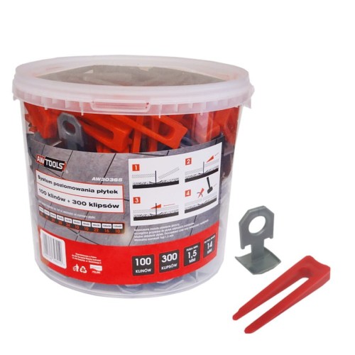 AWTOOLS SYSTEM POZIOMOWANIA PŁYTEK STANDARD 1,5mm - 7-15mm - KLIPS 300szt. + KLIN 100szt.