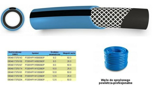 WĄŻ DO SPRĘŻONEGO POWIETRZA FI =  6mm x 50m, NIEBIESKI, PROFESIONALNY