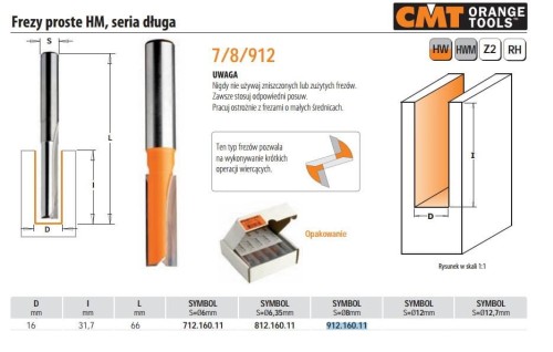 CMT FREZ PROSTY DŁUGI HM D=16 I=31,7 L=66 S=8