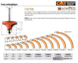 CMT FREZ HM R=22,2 D=57,1 I=28,4 S=12 ZAOKRĄGLAJĄCY Z ŁOŻYSKIEM.