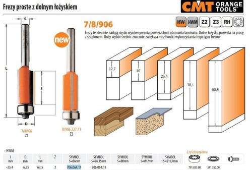 CMT FREZ PROSTY HM I=25,4 D=6,35 S=6 DOLNE ŁOŻYSKO
