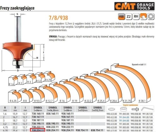 CMT FREZ ZAOKRĄGLAJĄCY Z ŁOŻYSKIEM HM R= 6,35 D=25,4 I=12,7 S=6...