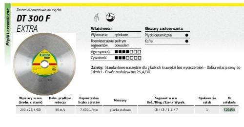 KLINGSPOR TARCZA DIAMENTOWA PEŁNA 200mm x 1,6mm x 30/25,4mm DT300F DO CERAMIKI