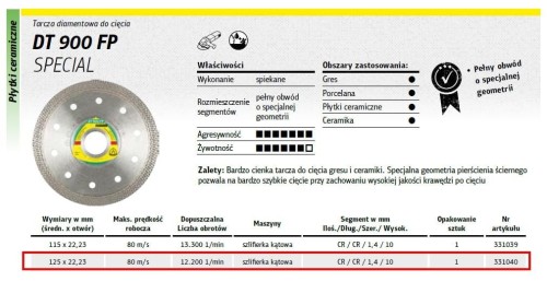 KLINGSPOR TARCZA DIAMENTOWA TURBO 125mm x 1,4mm x 22,2mm SPEZIAL DT900FP GRES, CERAMIKA