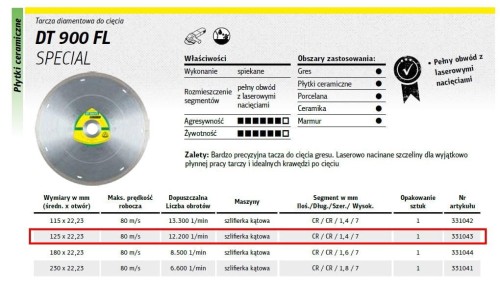 KLINGSPOR TARCZA DIAMENTOWA PEŁNA 125mm x 1,4mm x 22,2mm DT900FL SUPRA, GRES, SPECIAL,SUCHO, MOKRO