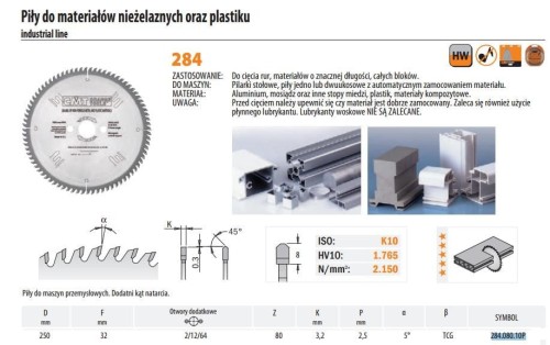 CMT PIŁA HM 250x32x3,2/2,5 Z=80 DO MATERIAŁÓW NIEŻELAZNYCH I PLASTIKU
