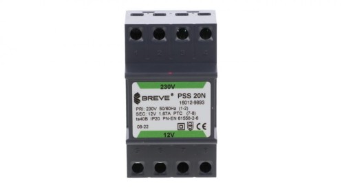 Transformator 1-fazowy modułowy bezpieczeństwa PSS 20N 230/ 12V 1,66A, na szynę DIN, IP20, Ta 40, 16012-9893