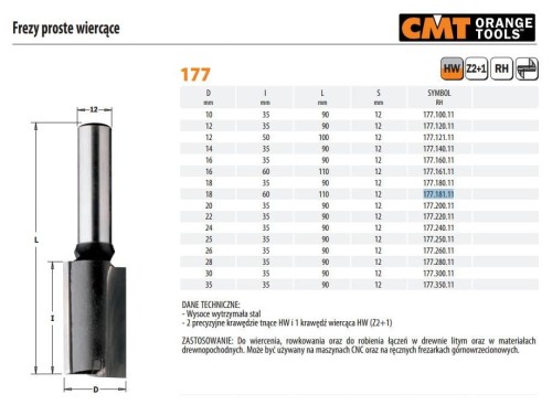 CMT FREZ PROSTY WIERCĄCY HM D=18 I=60 L=110 S=12