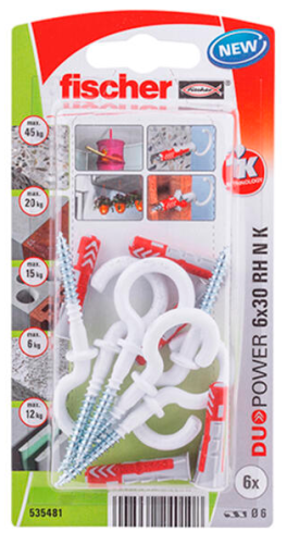 FISCHER KOŁEK DUOPOWER  6x30 Z HAKIEM OKRĄGŁYM /6szt. BIAŁE