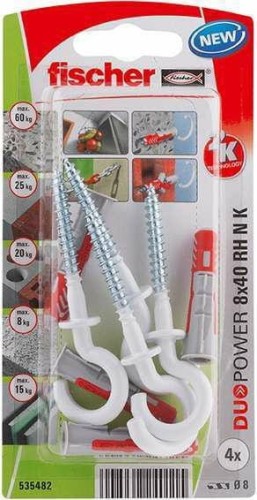 FISCHER KOŁEK DUOPOWER  8x40 Z HAKIEM OKRĄGŁYM /4szt. BIAŁE